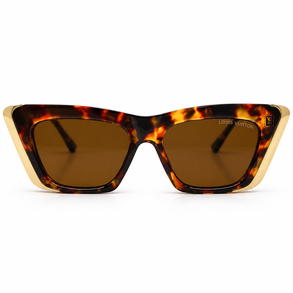 Louis Vuitton 98012 Luxury Cat Eye Sunglasses for Women - Glossy Havana Tortoise Frame, Gold Chain-Link Temples, Gold Corner Trim & Brown Lenses