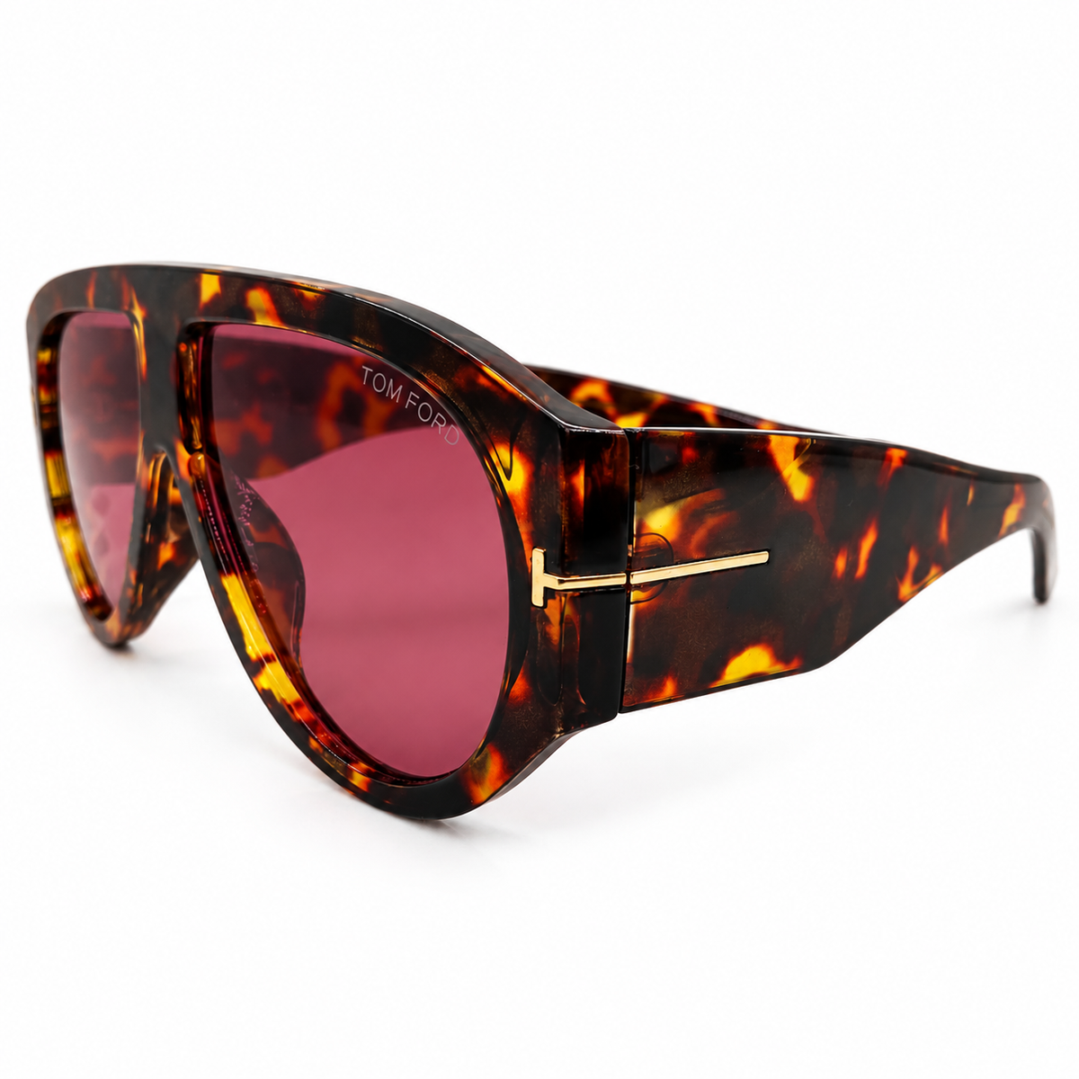 Tom Ford 9577 Luxury Oversized Aviator Sunglasses for Men - Glossy Havana Tortoise Acetate Frame, Gold T Logo Detail & Burgundy Wine Lenses