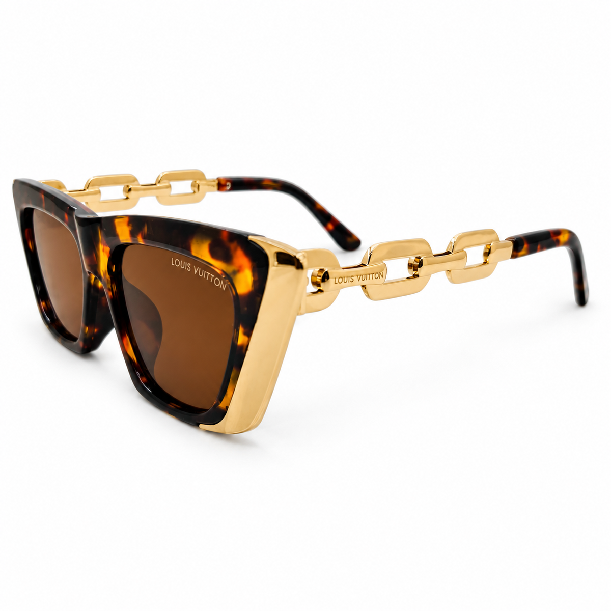 Louis Vuitton 98012 Luxury Cat Eye Sunglasses for Women - Glossy Havana Tortoise Frame, Gold Chain-Link Temples, Gold Corner Trim & Brown Lenses