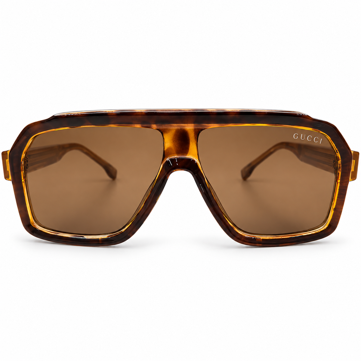 Gucci 28015 Luxury Oversized Rectangle Sunglasses for Men - Glossy Amber Tortoise Acetate Frame, Clear Gold Textured Temples & Brown Lenses