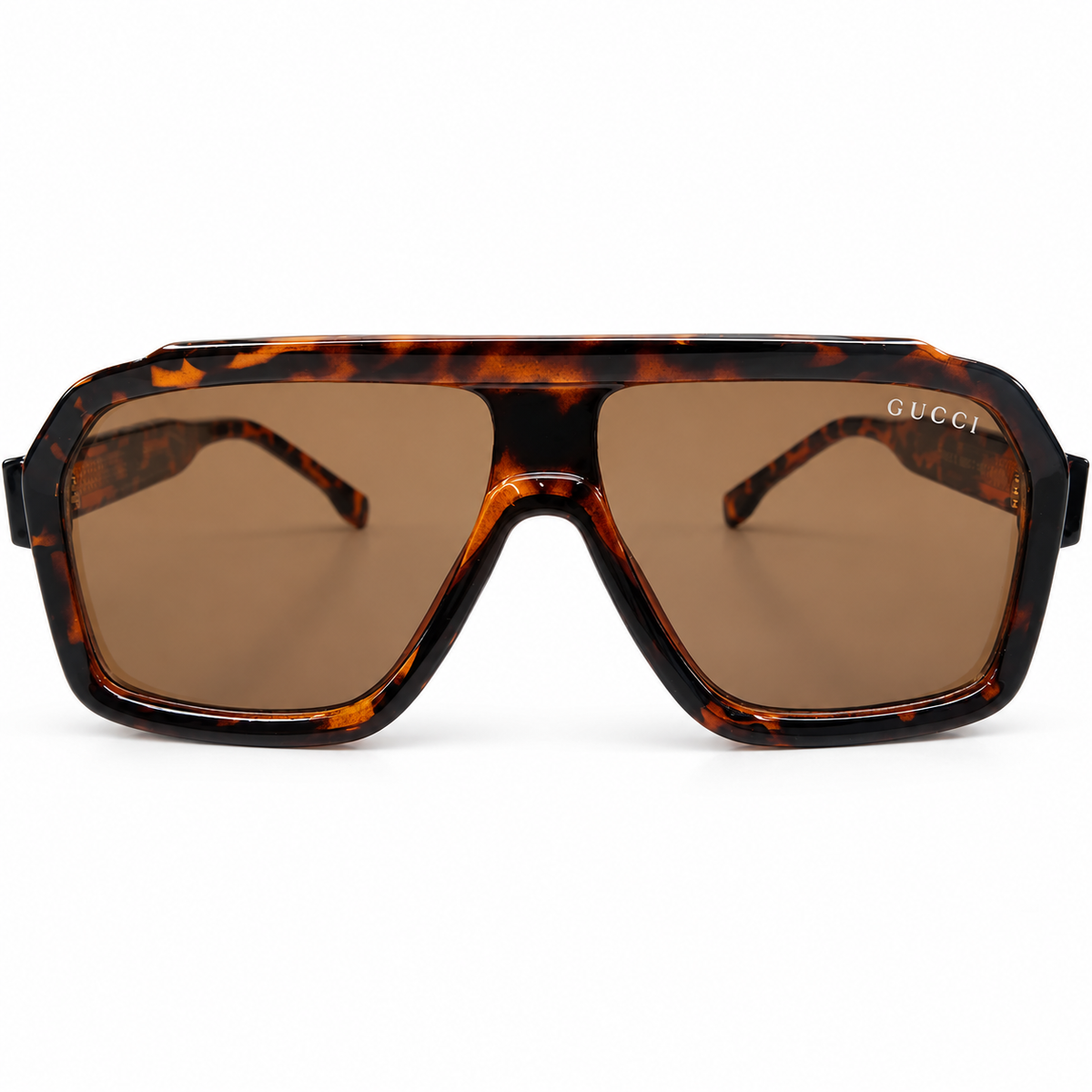 Gucci 28015 Luxury Oversized Rectangle Sunglasses for Men - Glossy Leopard Tortoise Acetate Frame, Textured Temples & Brown Lenses