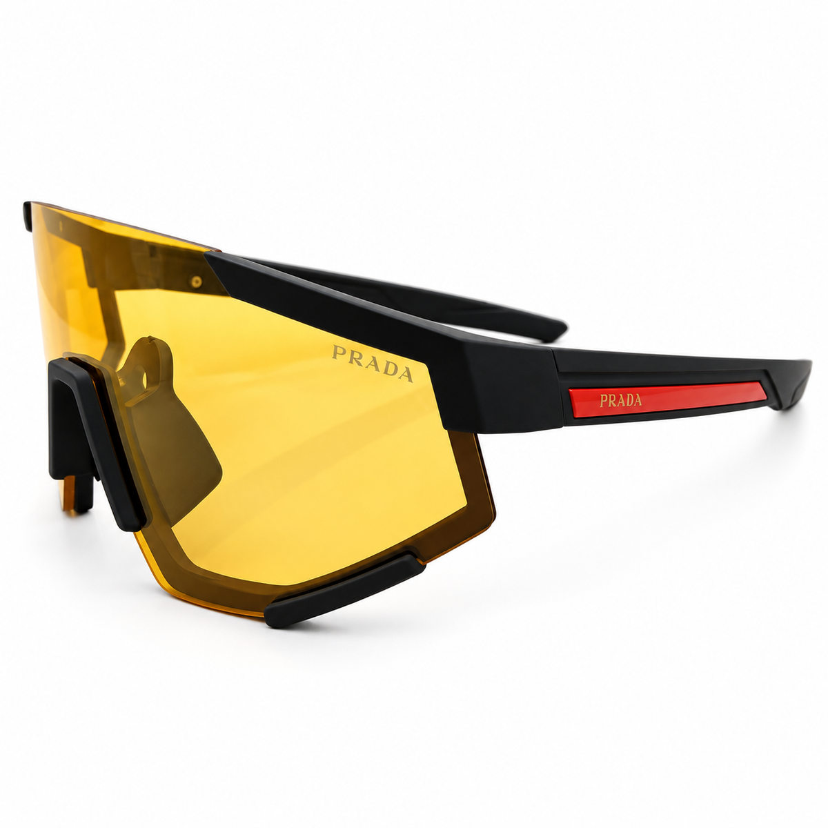 Prada 2316 Luxury Sporty Shield Sunglasses for Men - Matte Black Frame, Red PRADA Linea Rossa Temple Plaque & One-Piece Yellow Amber Lens