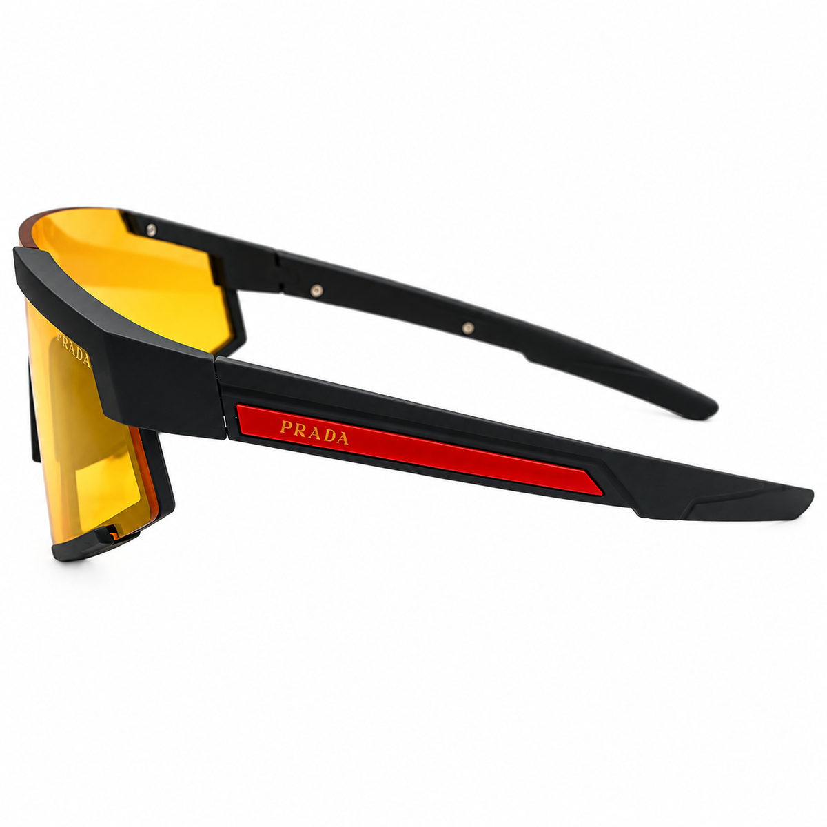 Prada 2316 Luxury Sporty Shield Sunglasses for Men - Matte Black Frame, Red PRADA Linea Rossa Temple Plaque & One-Piece Yellow Amber Lens