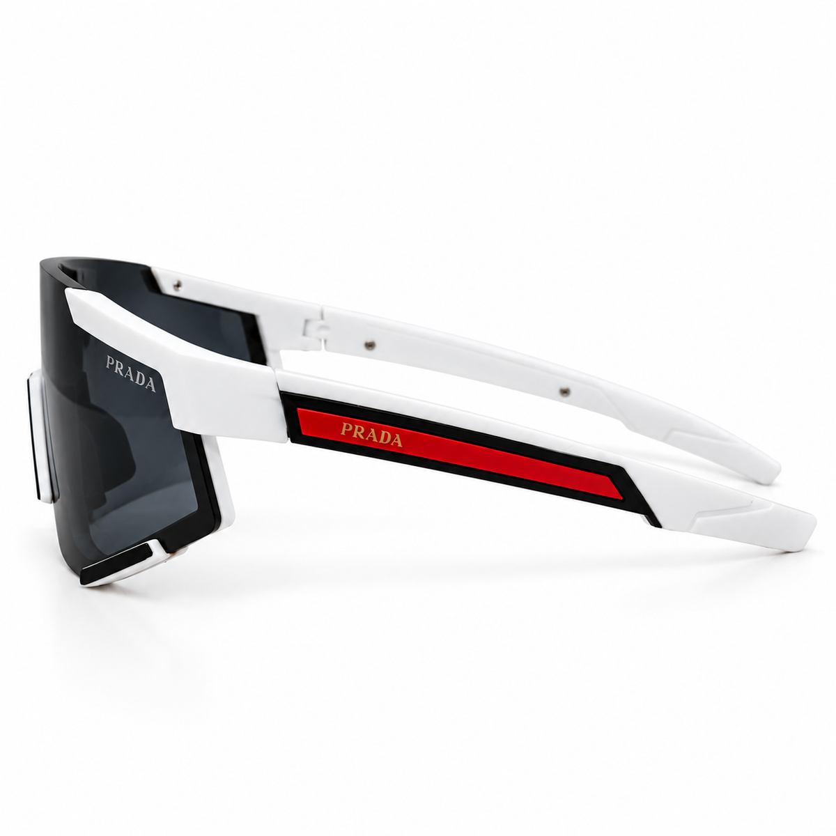 Prada 2316 Luxury Sporty Shield Sunglasses for Men - Matte White Frame, Red PRADA Linea Rossa Temple Plaque & One-Piece Dark Grey Lens