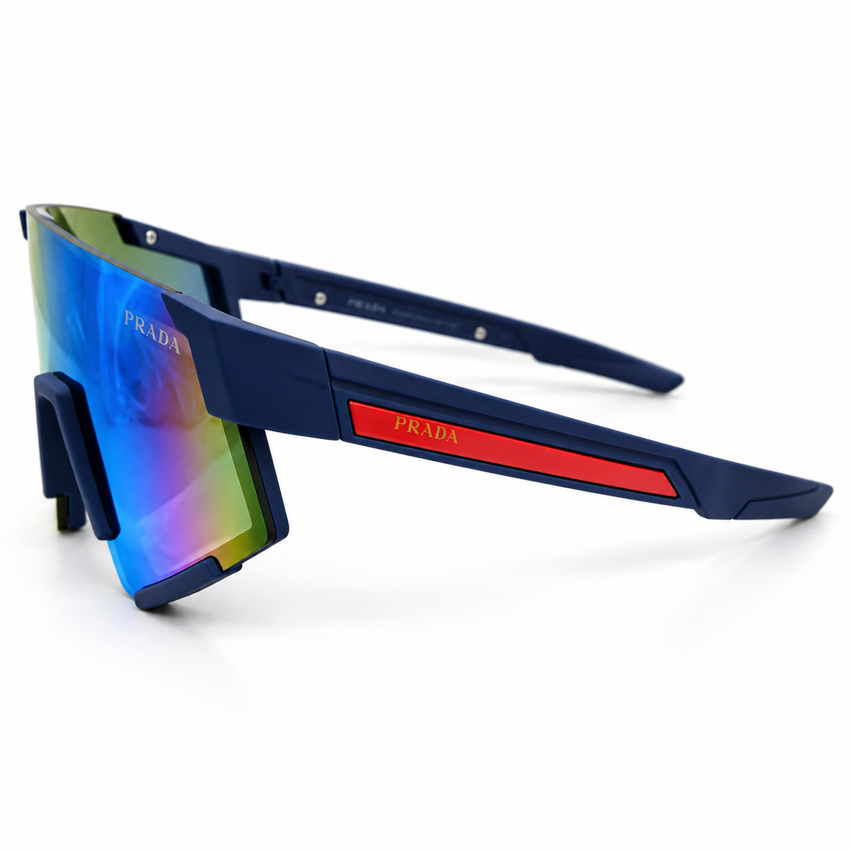 Prada 2316 Luxury Sporty Shield Sunglasses for Men - Matte Navy Blue Frame, Red PRADA Linea Rossa Temple Plaque & One-Piece Blue Mirror Lens