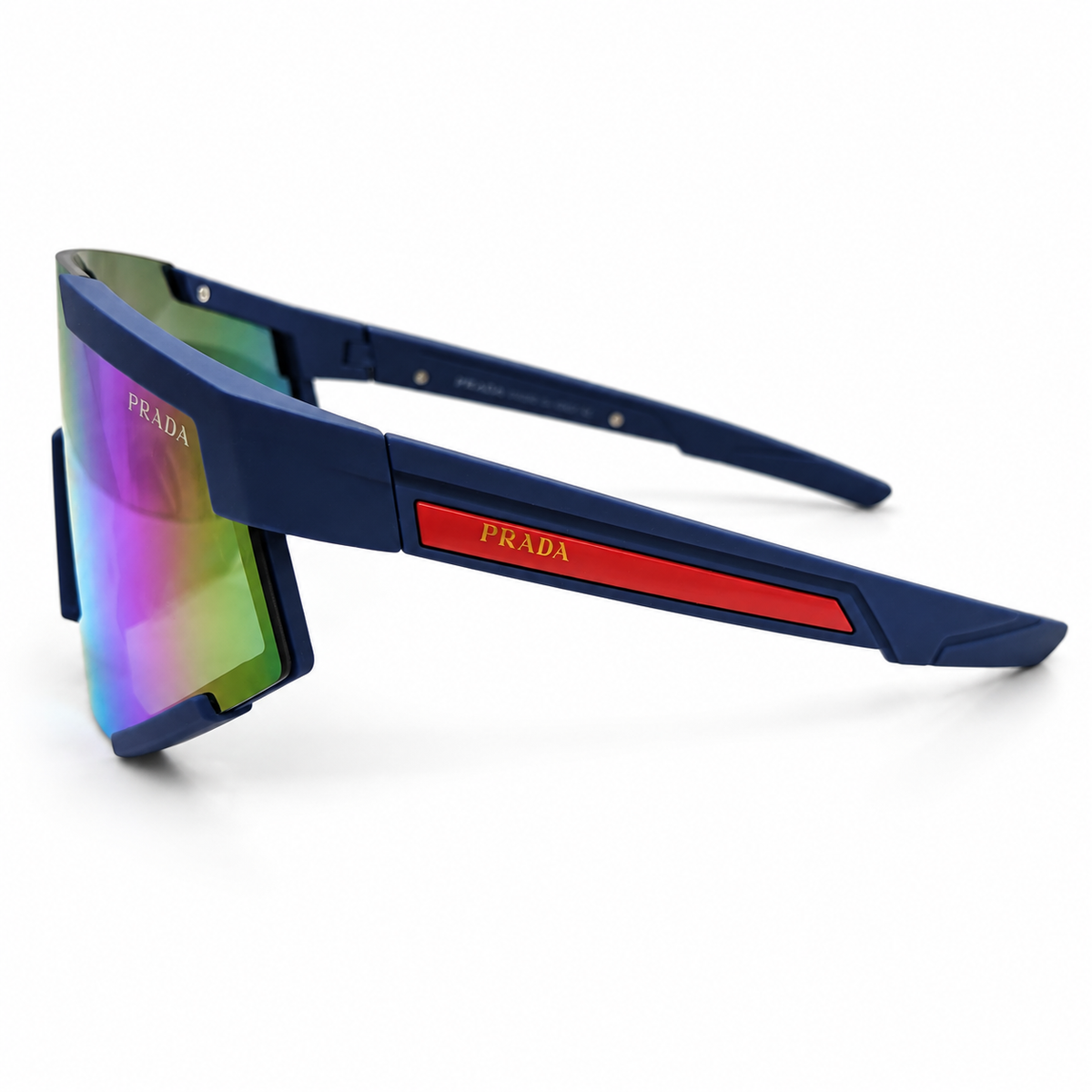 Prada 2316 Luxury Sporty Shield Sunglasses for Men - Matte Navy Blue Frame, Red PRADA Linea Rossa Temple Plaque & One-Piece Blue Mirror Lens