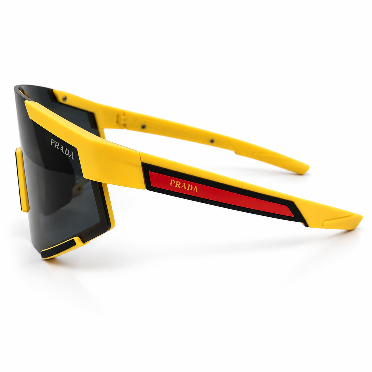 Prada 2316 Luxury Sporty Shield Sunglasses for Men - Matte Yellow Frame, Red PRADA Linea Rossa Temple Plaque & One-Piece Dark Grey Lens