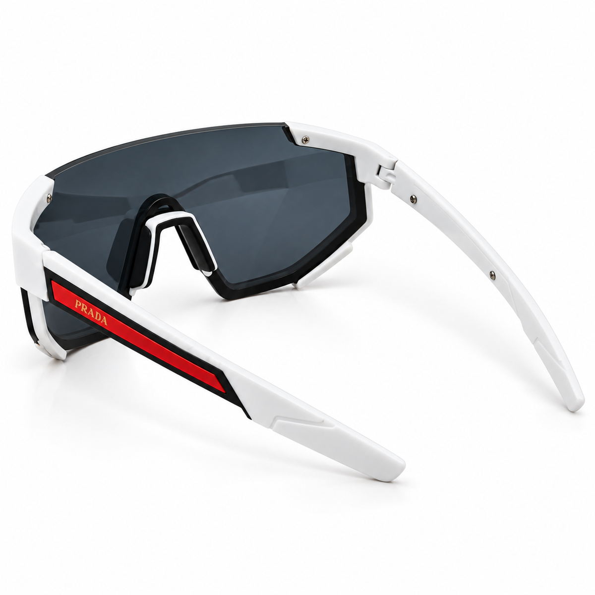 Prada 2316 Luxury Sporty Shield Sunglasses for Men - Matte White Frame, Red PRADA Linea Rossa Temple Plaque & One-Piece Dark Grey Lens