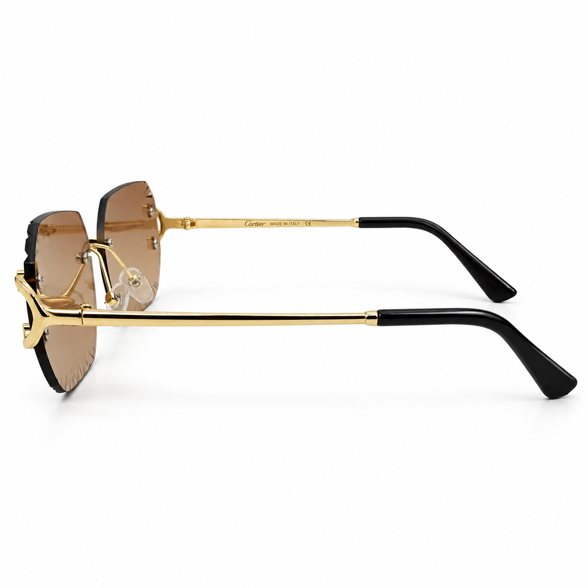 Cartier 5G34 Luxury Rimless Sunglasses for Men - Gold-Tone Metal Frame, Serrated Diamond-Cut Brown Lenses & Black Temple Tips