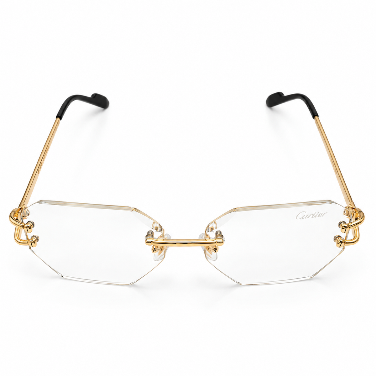 Cartier 5G34 Luxury Rimless Octagon Photochromic Sunglasses for Men - Gold-Tone Metal Frame, Clear to Dark Day Night Lenses & Black Temple Tips