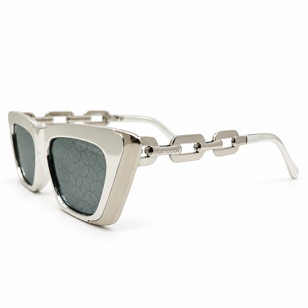 Louis Vuitton 98012 Luxury Cat Eye Sunglasses for Women - Glossy Silver Metal Frame, Silver Chain-Link Temples & Dark Grey Monogram Pattern Lenses