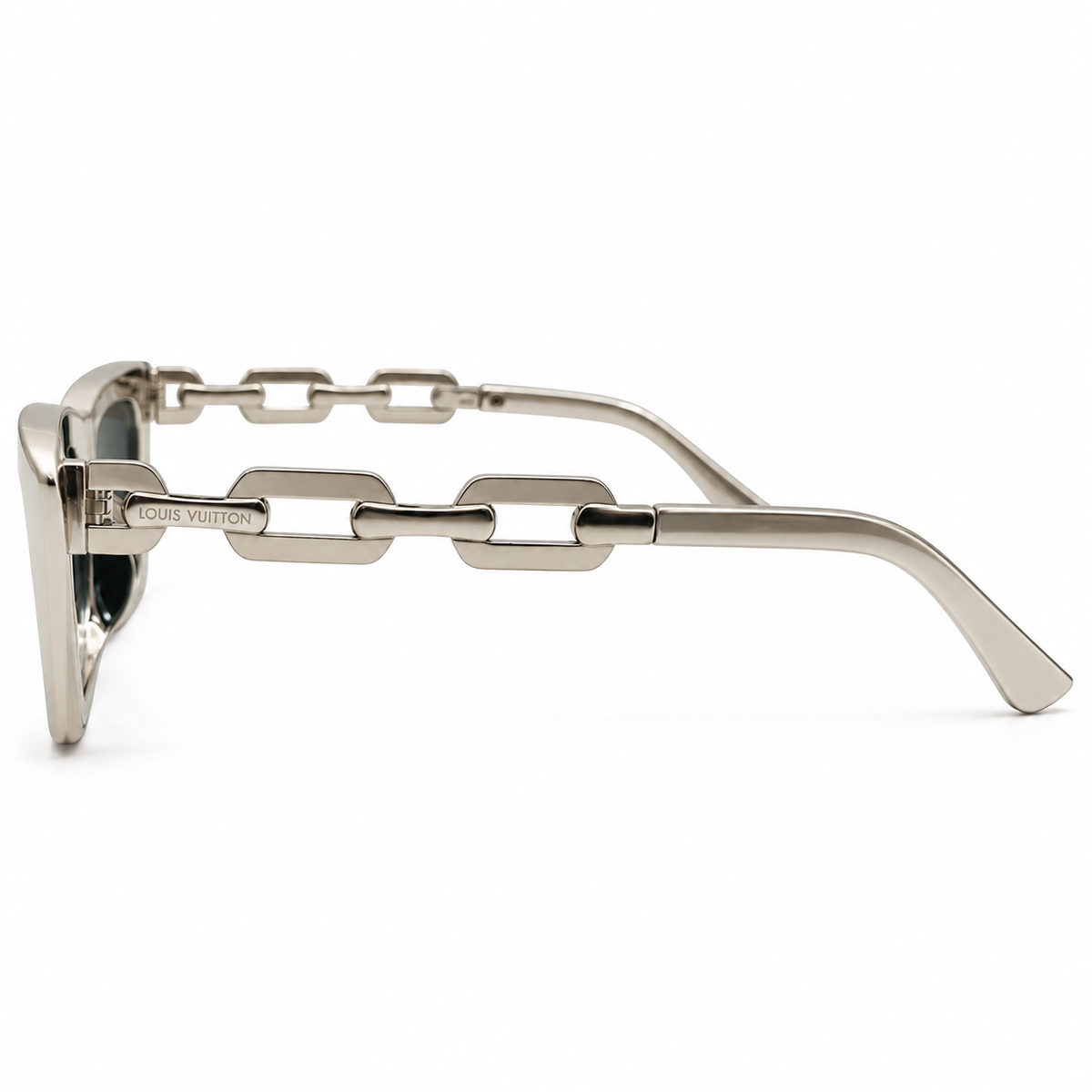 Louis Vuitton 98012 Luxury Cat Eye Sunglasses for Women - Glossy Silver Metal Frame, Silver Chain-Link Temples & Dark Grey Monogram Pattern Lenses