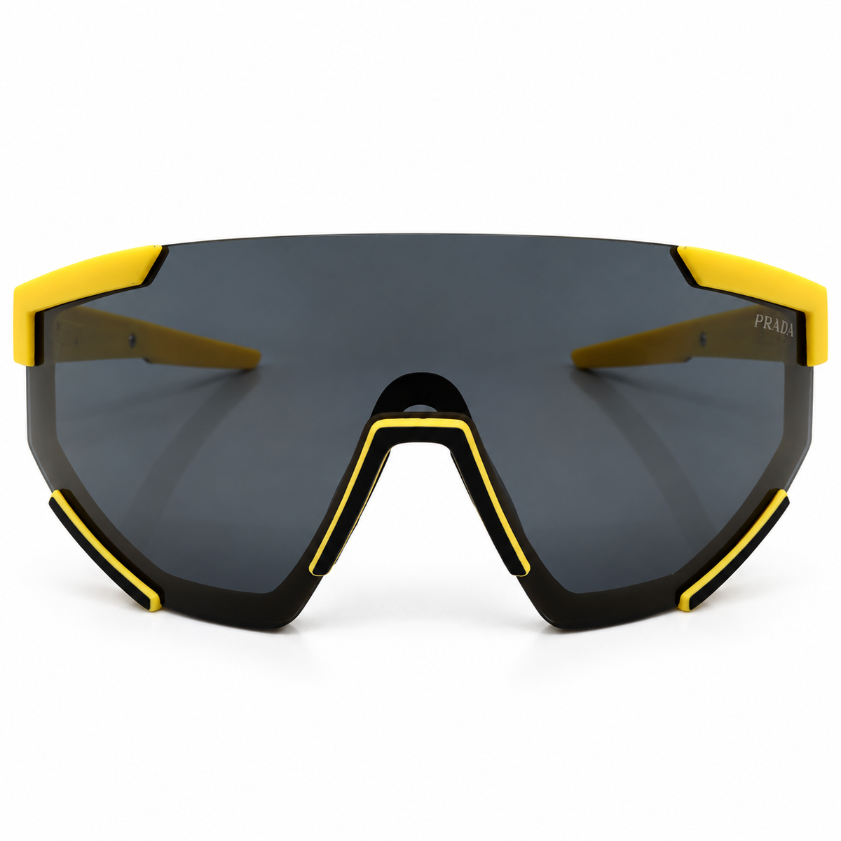 Prada 2316 Luxury Sporty Shield Sunglasses for Men - Matte Yellow Frame, Red PRADA Linea Rossa Temple Plaque & One-Piece Dark Grey Lens