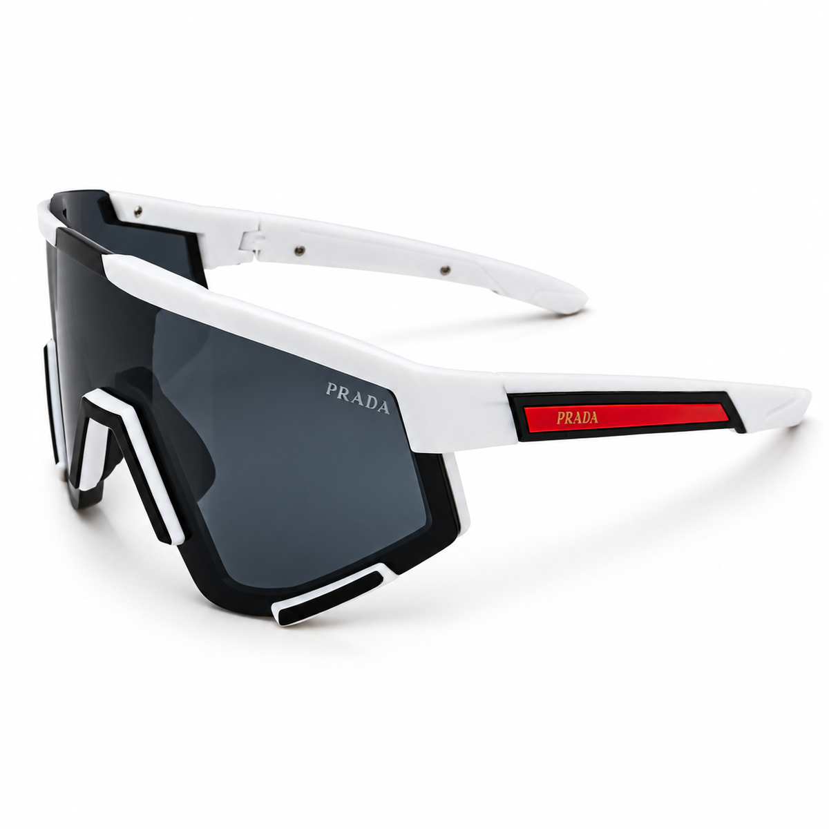 Prada 2316 Luxury Sporty Shield Sunglasses for Men - Matte White Frame, Red PRADA Linea Rossa Temple Plaque & One-Piece Dark Grey Lens