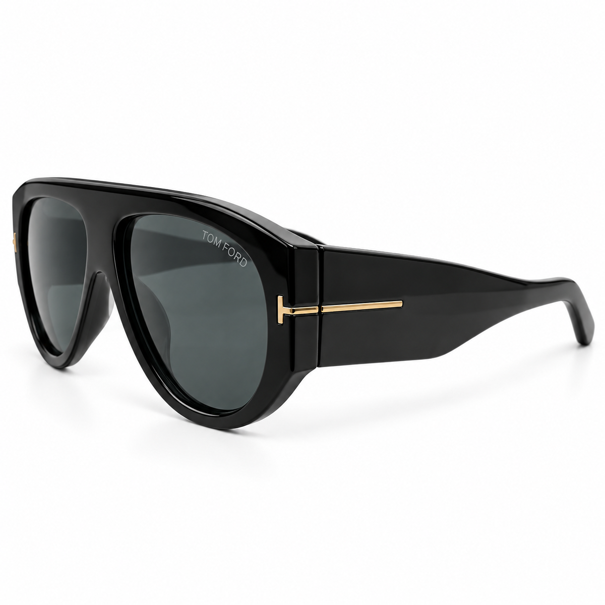 Tom Ford 9577 Luxury Oversized Aviator Sunglasses for Men - Glossy Black Acetate Frame, Gold T Logo Detail & Dark Grey Lenses