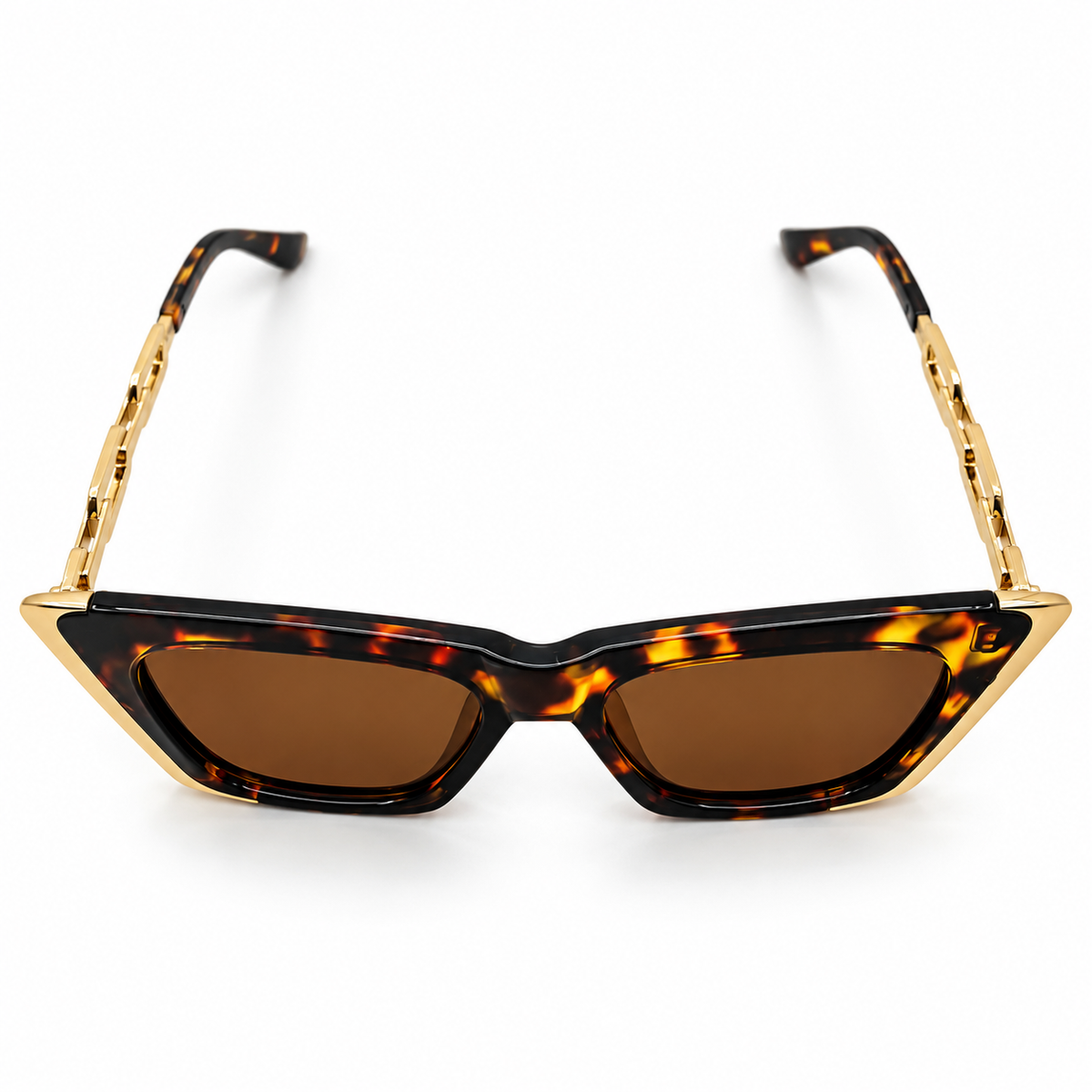 Louis Vuitton 98012 Luxury Cat Eye Sunglasses for Women - Glossy Havana Tortoise Frame, Gold Chain-Link Temples, Gold Corner Trim & Brown Lenses