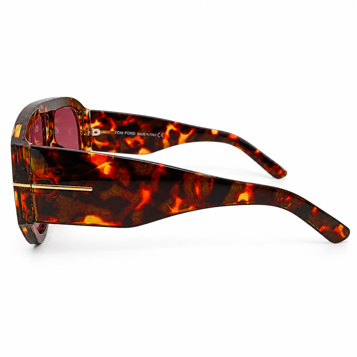 Tom Ford 9577 Luxury Oversized Aviator Sunglasses for Men - Glossy Havana Tortoise Acetate Frame, Gold T Logo Detail & Burgundy Wine Lenses