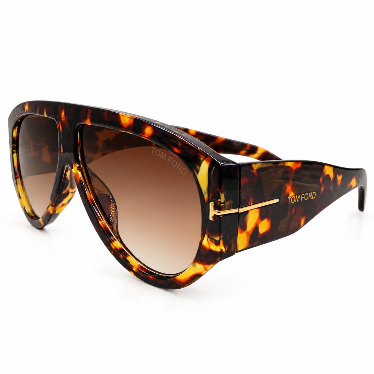 Tom Ford 9577 Luxury Oversized Aviator Sunglasses for Men - Glossy Havana Tortoise Acetate Frame, Gold T Logo Detail & Brown Gradient Lenses