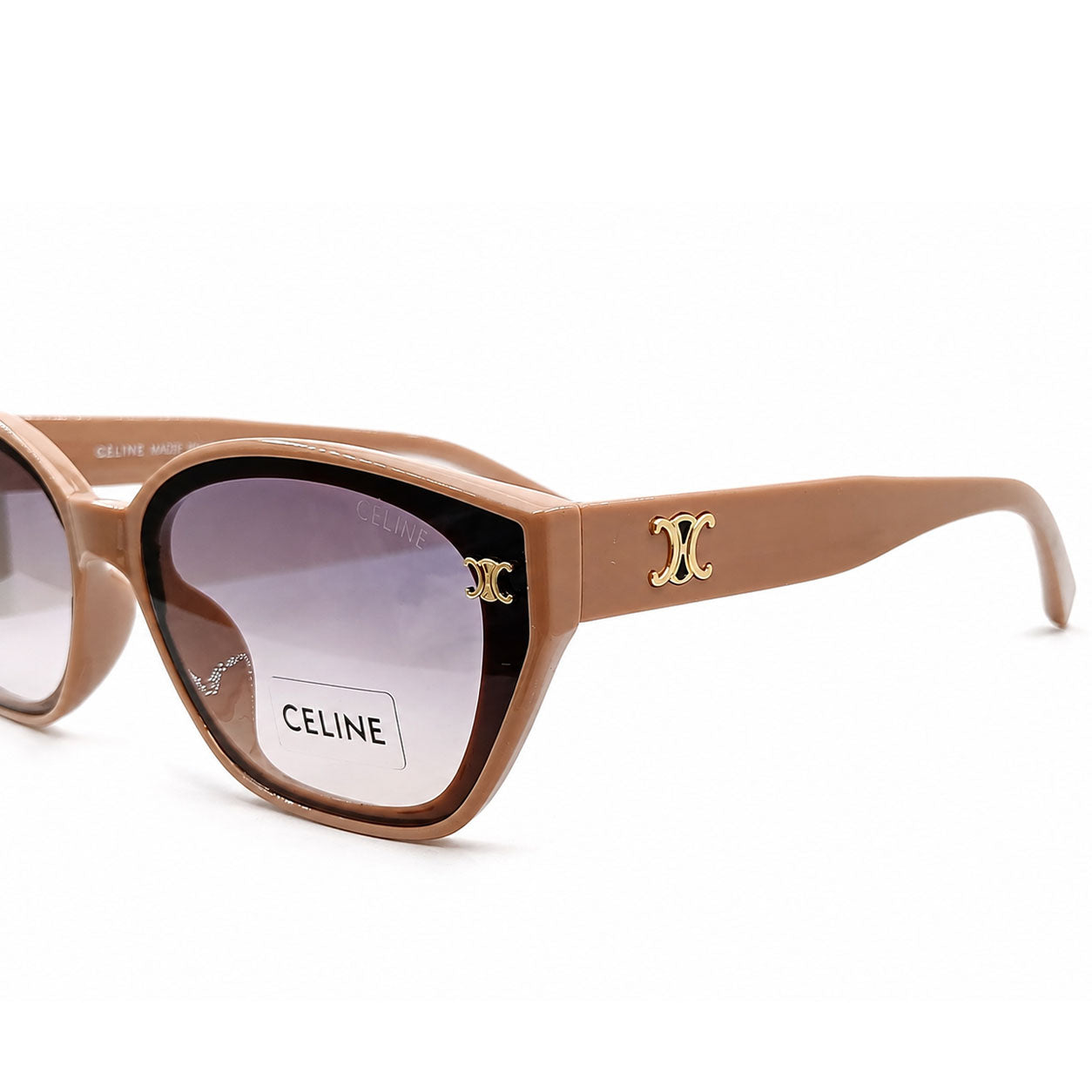 Celine 55303 Cat-Eye Sunglasses for Women – Nude/Tan Acetate Frame, Gold Triomphe Logo, Purple Gradient UV400 Protection Lenses – Luxury Designer Eyewear