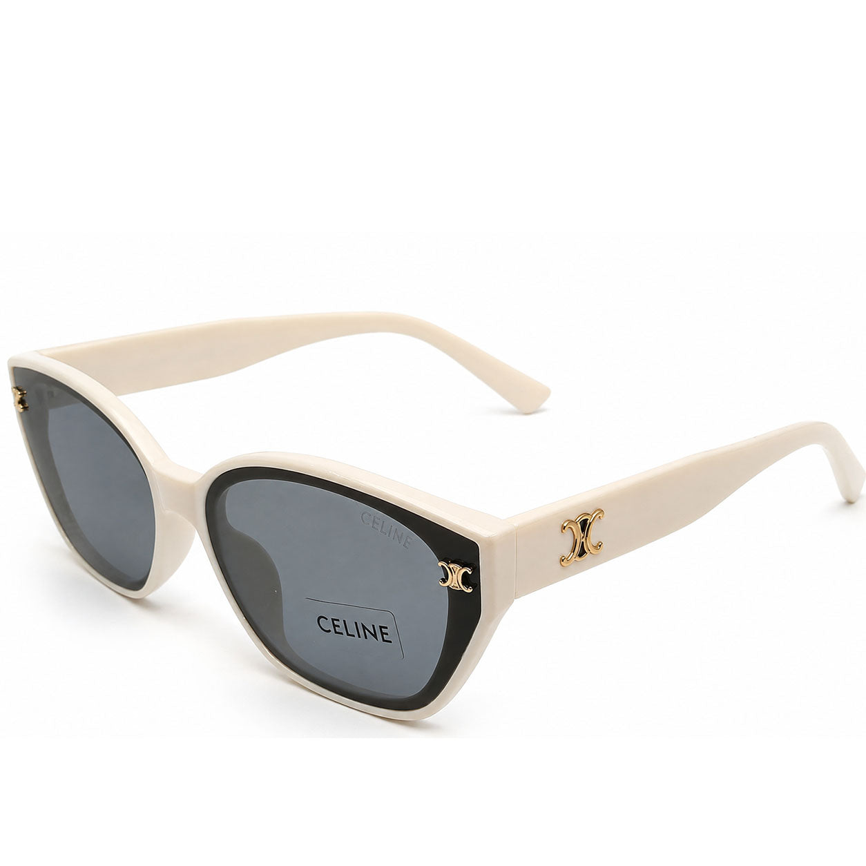 Celine 55303 Cat-Eye Sunglasses for Women – White/Cream Acetate Frame, Gold Triomphe Logo, Grey Gradient UV400 Protection Lenses – Luxury Designer Eyewear
