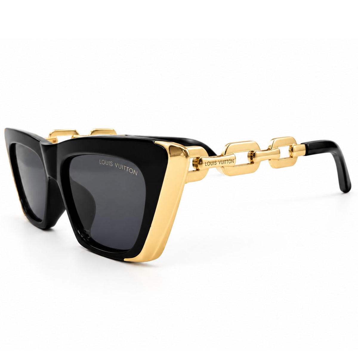 Louis Vuitton 98012 Luxury Cat Eye Sunglasses for Women - Glossy Black Metal Frame, Gold Chain-Link Temples, Gold Corner Trim & Dark Grey Lenses