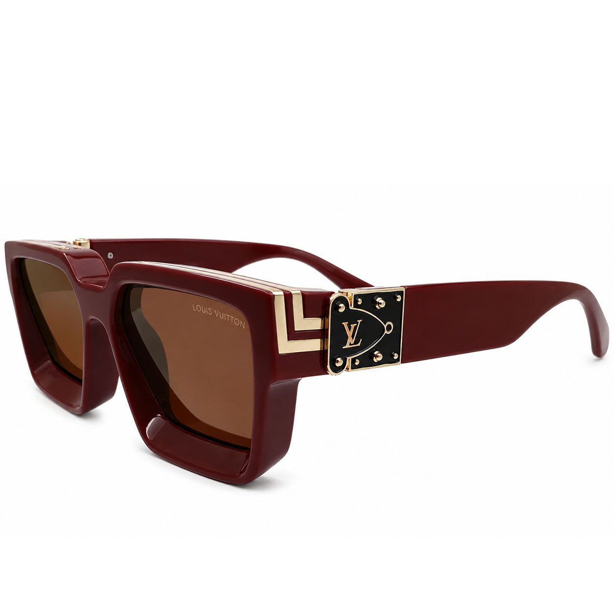 Louis Vuitton 96006 Luxury Bold Square Sunglasses – Dark Red Glossy Acetate with Gold Monogram Temple Detail & Brown Gradient UV Protection Lenses