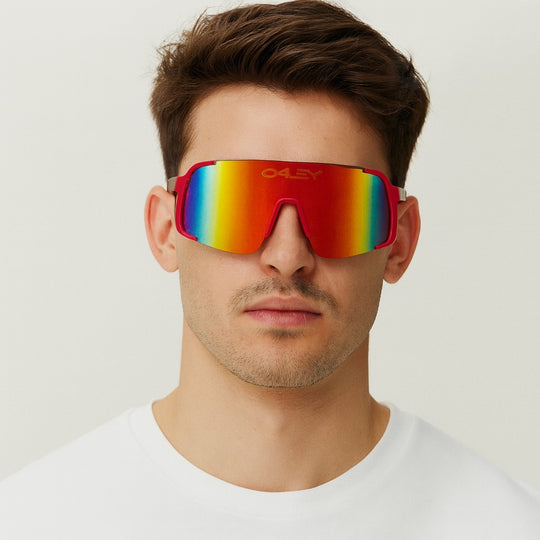 Oakley 9606 Red Frame Sports Sunglasses – Rainbow Shield Lens