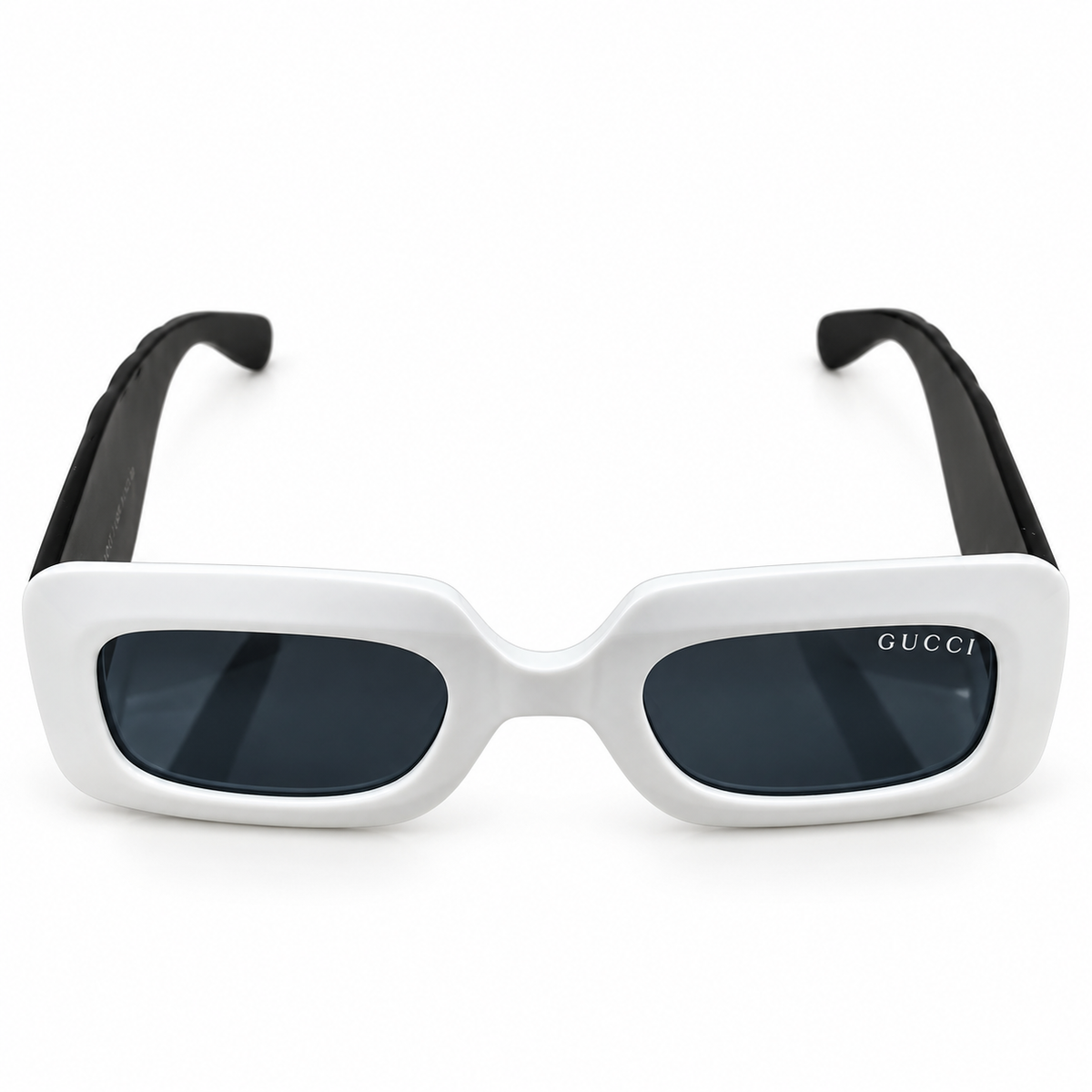 Gucci 9111 Luxury Chunky Rectangle Sunglasses for Men - Glossy White Thick Acetate Frame, Black Temples, Gold GUCCI Temple Logo & Dark Grey Lenses
