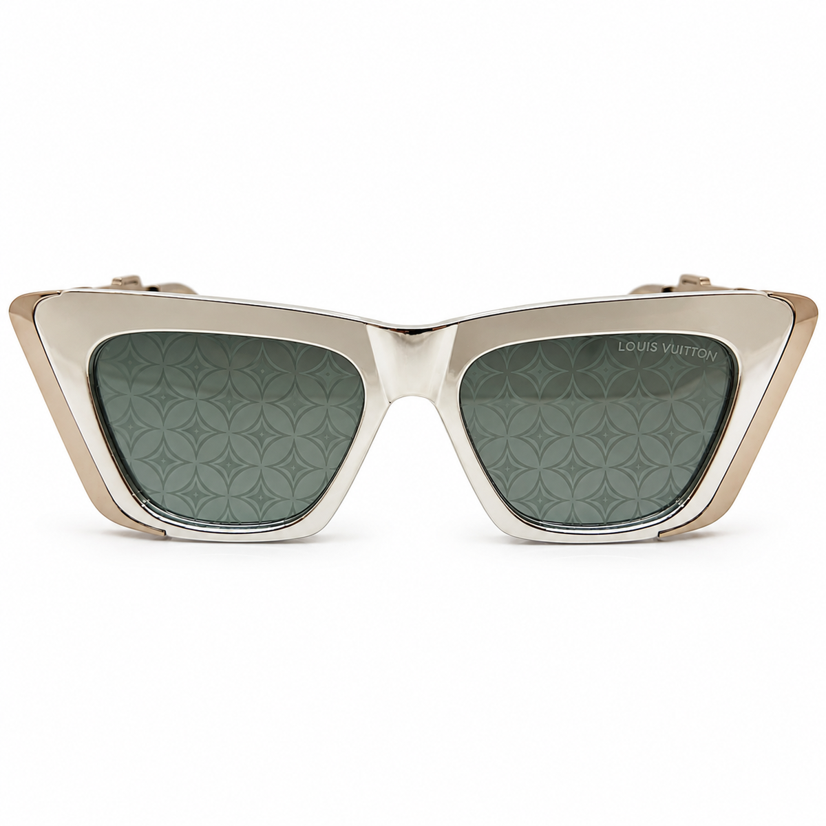Louis Vuitton 98012 Luxury Cat Eye Sunglasses for Women - Glossy Silver Metal Frame, Silver Chain-Link Temples & Dark Grey Monogram Pattern Lenses