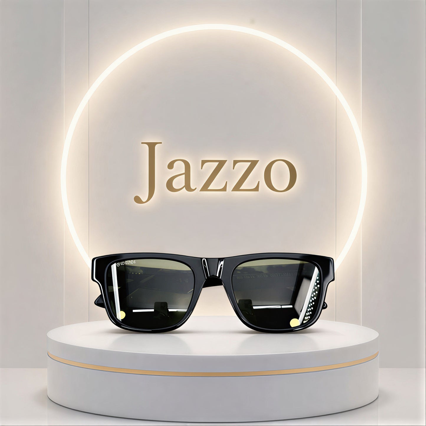 Front view of Jazzo black rectangular sunglasses with dark lenses on a premium white podium display