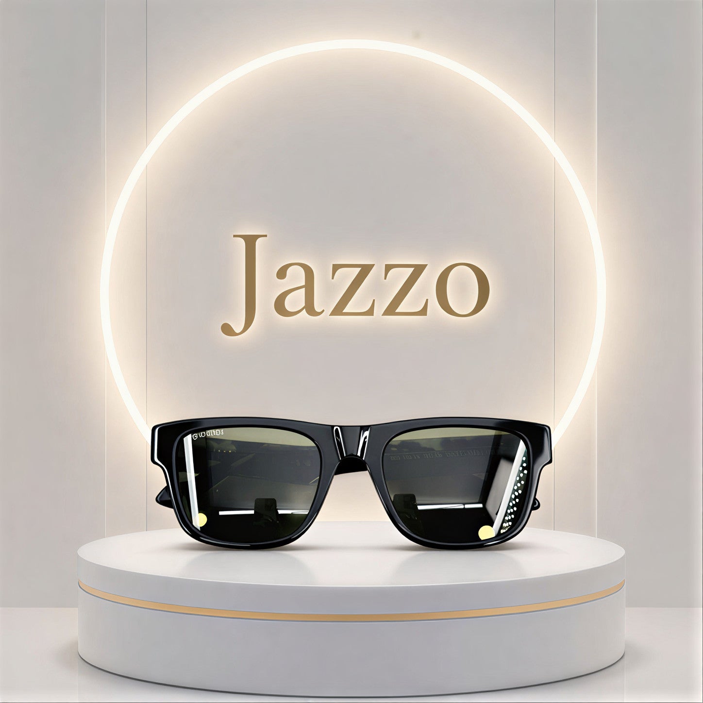 Front view of Jazzo black rectangular sunglasses with dark lenses on a premium white podium display