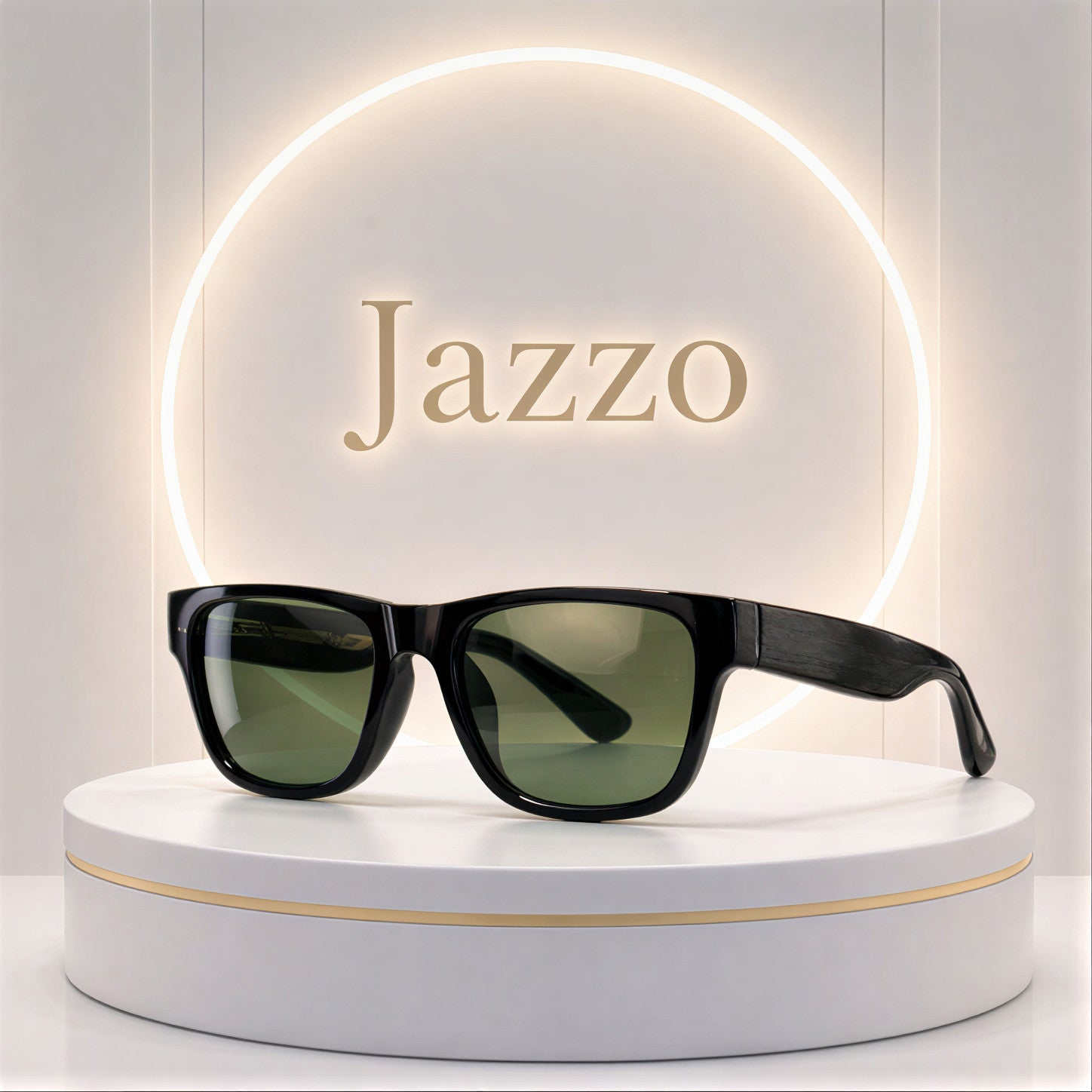 Jazzo collection black rectangular sunglasses with dark green lenses on a white display podium.