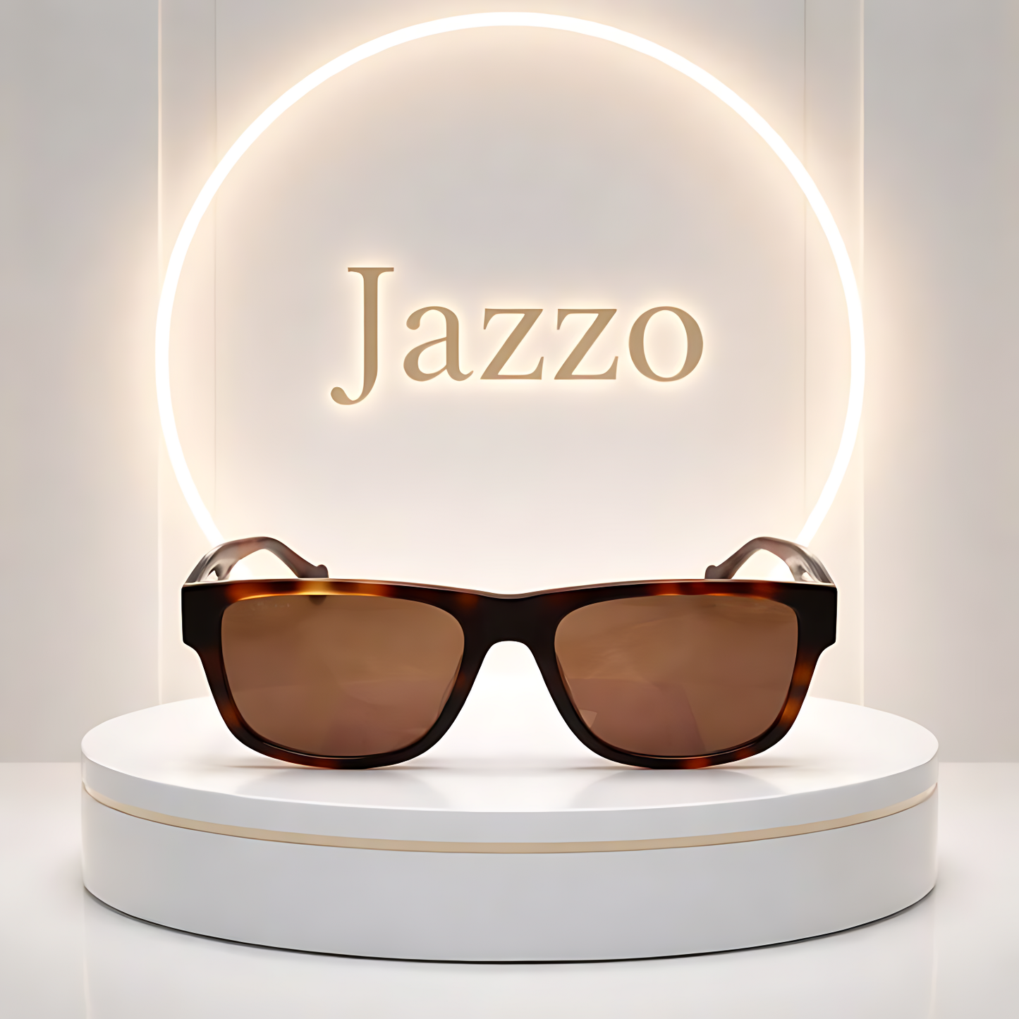 Front view of Jazzo tortoise shell sunglasses with brown lenses on a luxury white display pedestal