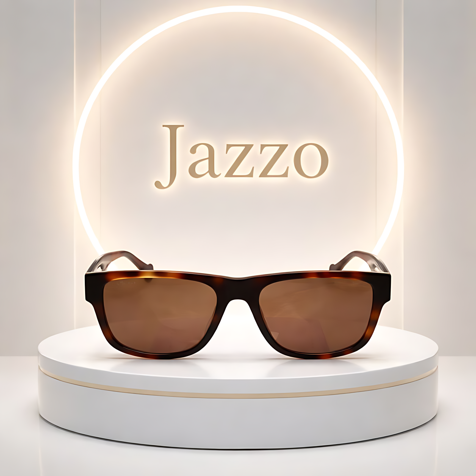 Front view of Jazzo tortoise shell sunglasses with brown lenses on a luxury white display pedestal