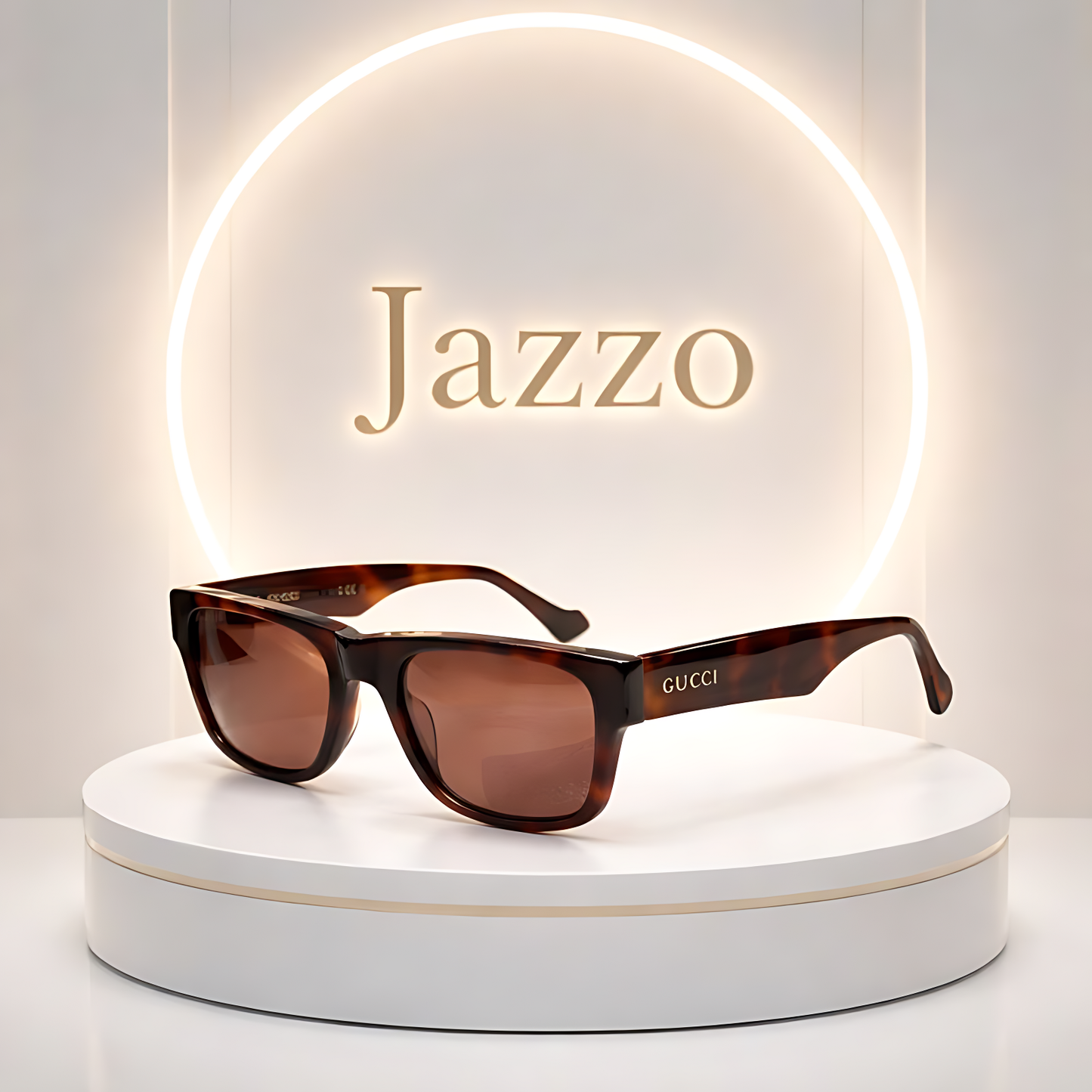Jazzo collection Gucci tortoise shell sunglasses on a white podium with circular neon lighting.