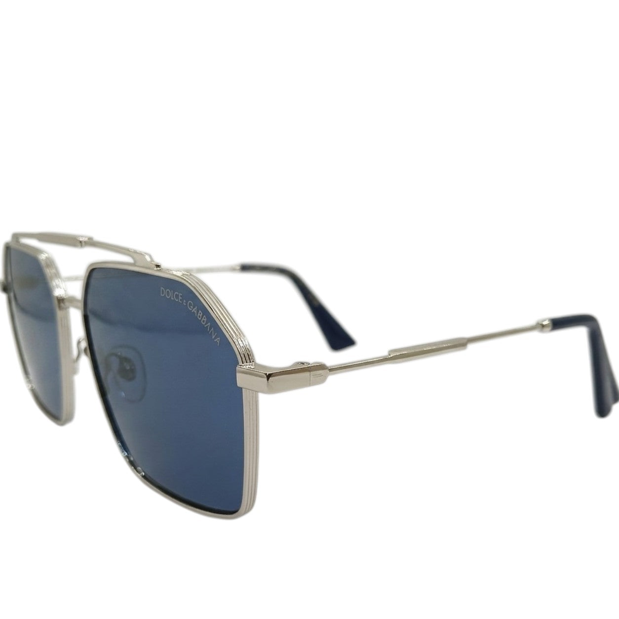Dolce & Gabbana DG3271 Luxury Bold Geometric Navigator – Polished Silver Metal, Double Bridge & Deep Blue UV Protection Lenses