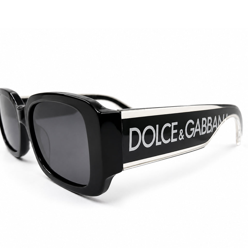Dolce & Gabbana DG6187 Oversized Rectangular Sunglasses – Glossy Black Acetate with Bold D&G Logo Temples & Dark Grey UV Lenses