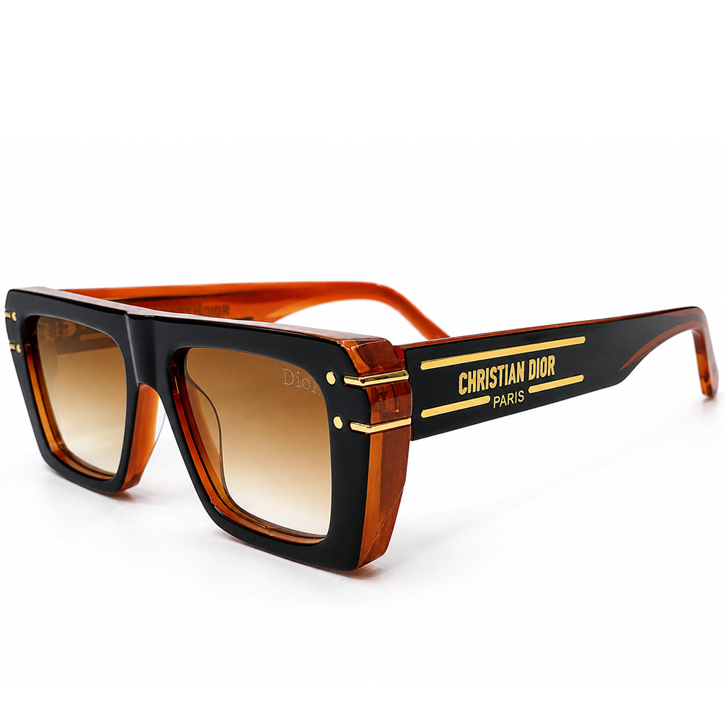 Christian Dior 29 Luxury Square Sunglasses – Glossy Black & Amber Two-Tone with Gradient Brown Lenses & Gold Christian Dior Paris Branding