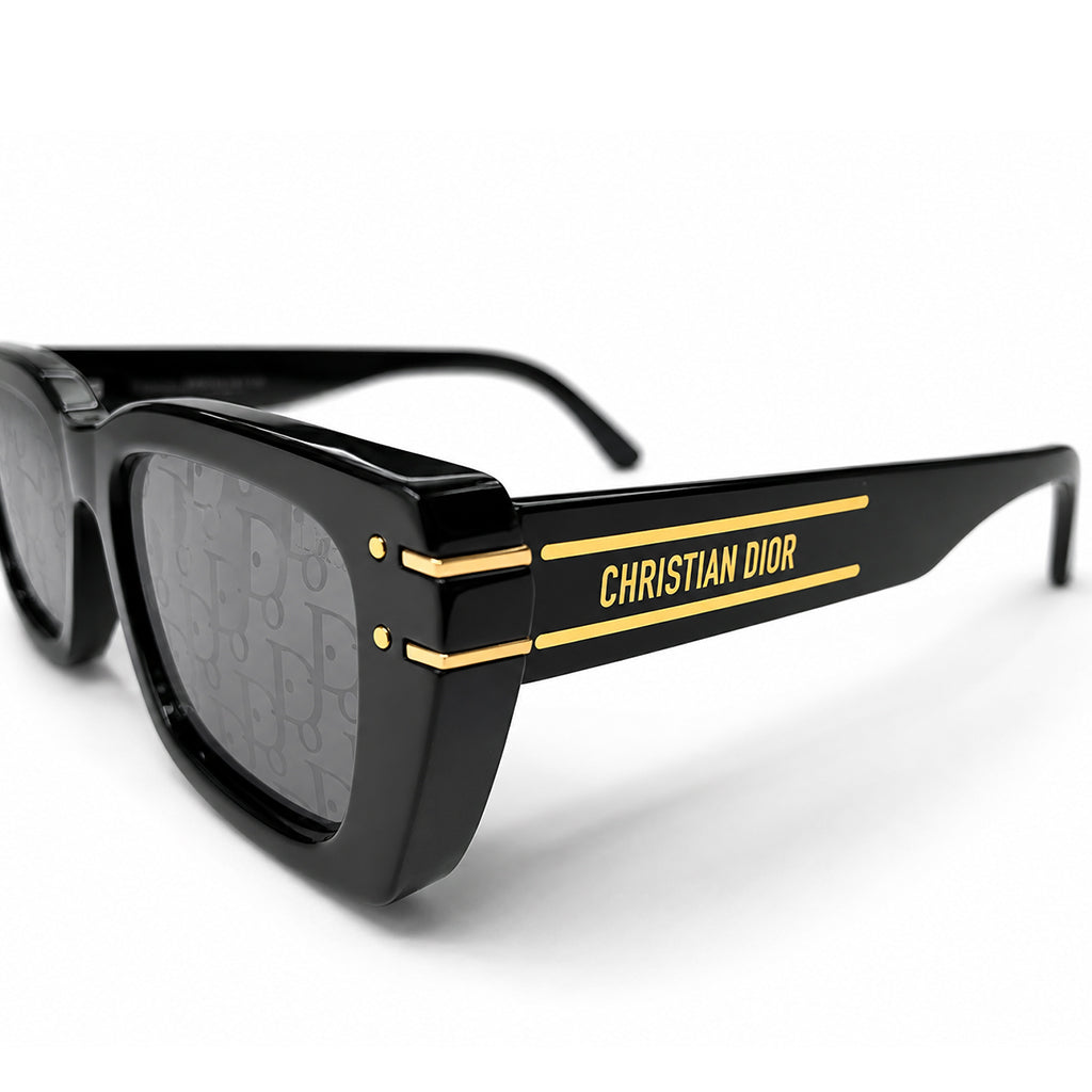 Christian Dior 29 Square Sunglasses – Glossy Black with Dior Oblique Monogram Lenses & Gold Christian Dior Branding
