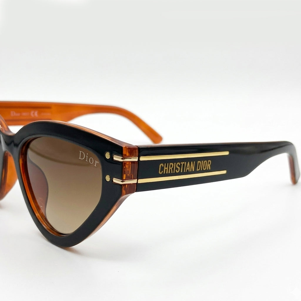 Christian Dior 28 Luxury Cat-Eye Sunglasses – Black & Amber with Gradient Lenses, Gold Dior Branding & UV Protection