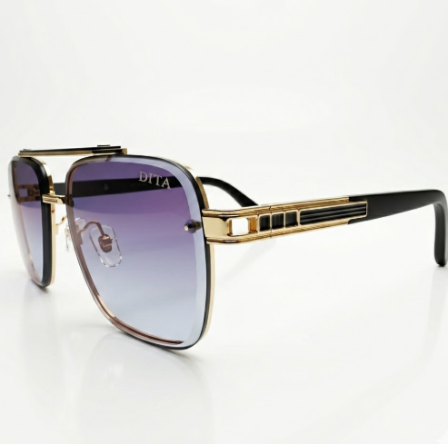 DITA 5G77 Luxury Square Aviator Sunglasses – Gold & Black Metal Frame with Double Bridge & Gradient Purple Lenses