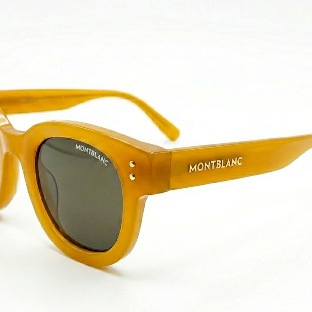 Montblanc 89210 Luxury Bold Round Sunglasses – Honey Amber Acetate with Gold Montblanc Temple Branding, Gold Dot Detail & Dark Grey UV Protection Lenses