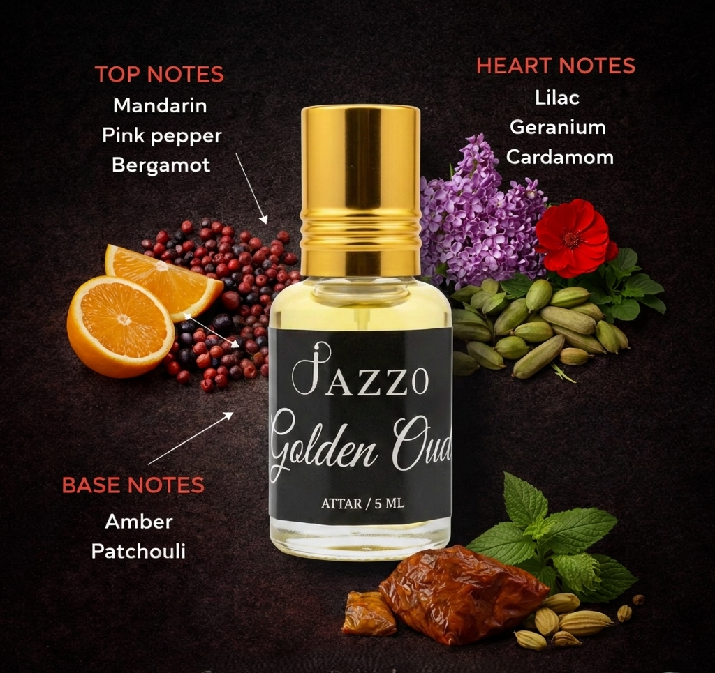 Jazzo Golden Attar Natural Perfume Oil for Men & Women | Luxury Long Lasting Alcohol-Free Fragrance | Premium Daily Wear – 5ml (GA-015ML)