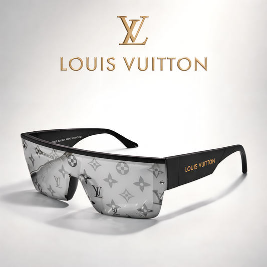 Louis Vuitton Monogram Shield Sunglasses for men, luxury designer eyewear with silver mirrored lenses and black frames, front view on white background.