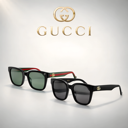 Gucci designer sunglasses for men and women, black frames with gold logo.