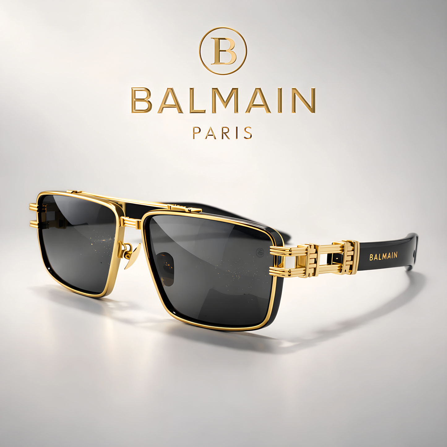 Balmain Luxury Square Sunglasses – Gold Metal Frame with Black Lenses (Unisex) Model No. 139