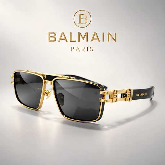 Balmain Luxury Square Sunglasses – Gold Metal Frame with Black Lenses (Unisex) Model No. 139