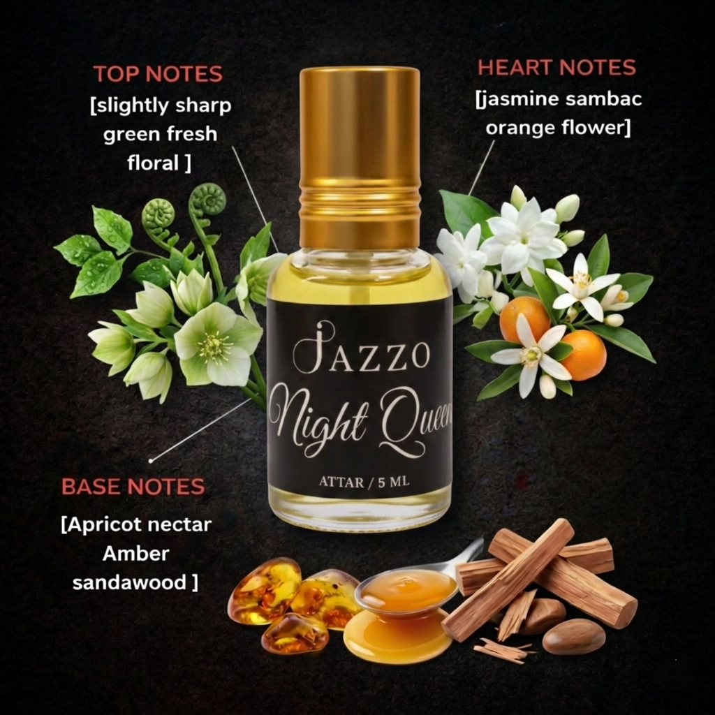 Jazzo Night Queen Attar | Pure Jasmine Sambac & Sandalwood Perfume Oil for Women & Men | Alcohol-Free Long Lasting Luxury Fragrance – 5ml (NO-015ML)