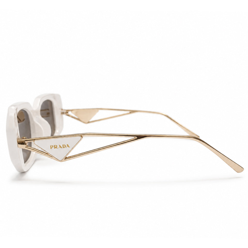 Prada 02 Designer Oversized Square Sunglasses – Glossy White Acetate with Gold Wire Temples, White Prada Triangle Logo & Dark Grey UV Protection Lenses
