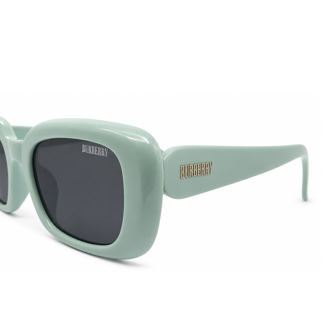 Burberry 3783 Luxury Bold Square Sunglasses – Glossy Mint Green Acetate with Silver Burberry Temple Branding & Dark Grey UV Protection Lenses